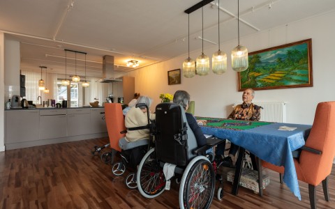 Bewoners spelen gezellig een spel aan tafel