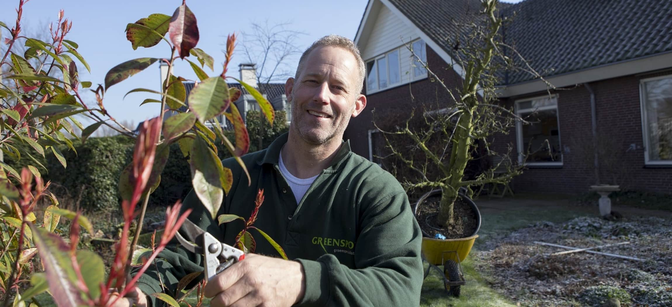 Tuin in aanleg met tuinman in groene sweater en snoeischaar