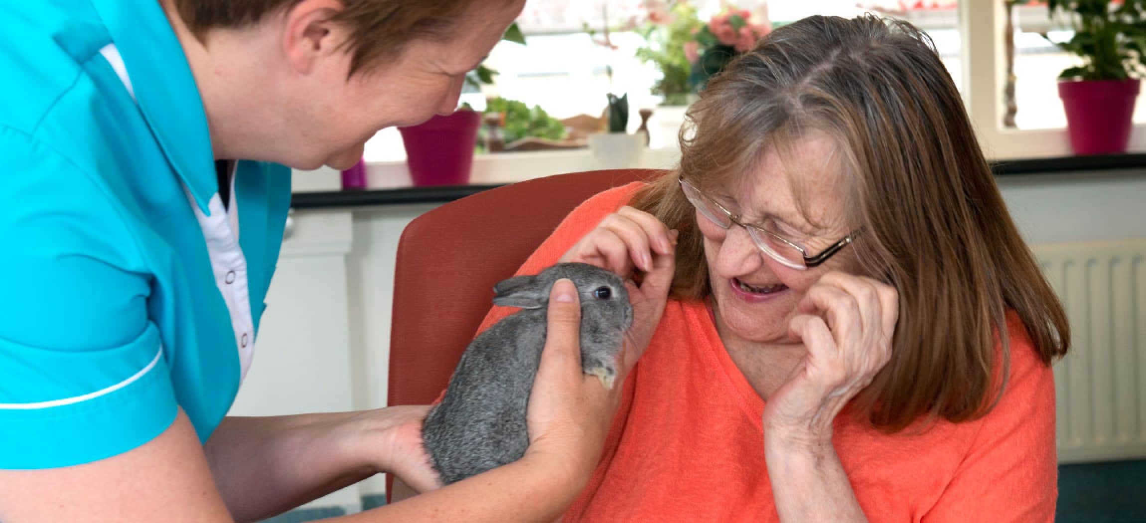 Vrouw schrikt van klein konijntje bij dierenbezoek in bejaardenhuis